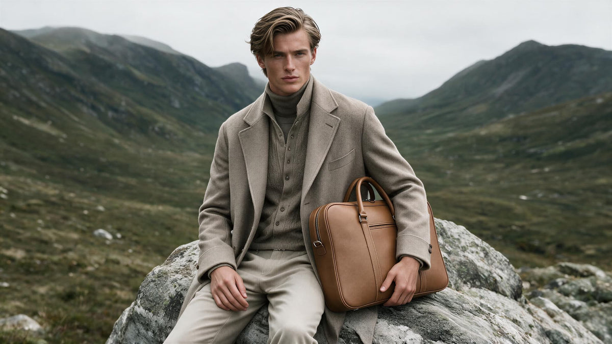 A camel Emery Prestige Briefcase carried outdoors