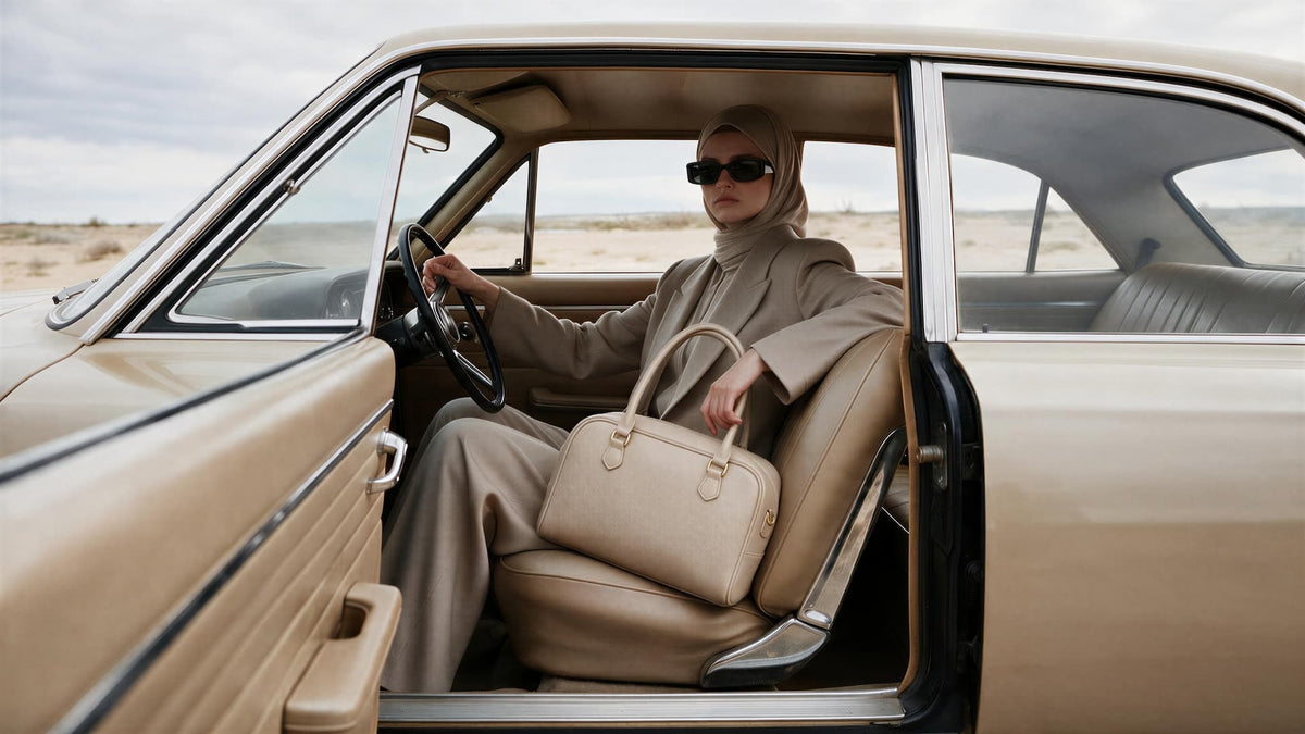 An ivory Emery City Bag carried on a journey